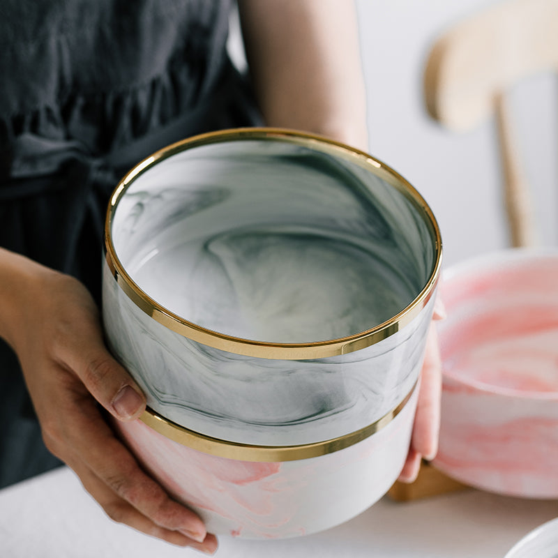 Marble dog bowl with gold rim