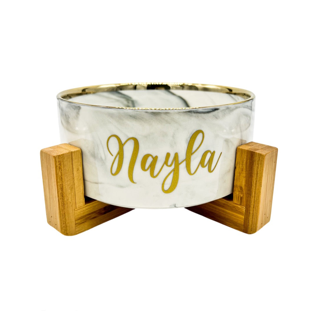 Marble dog bowl with gold rim