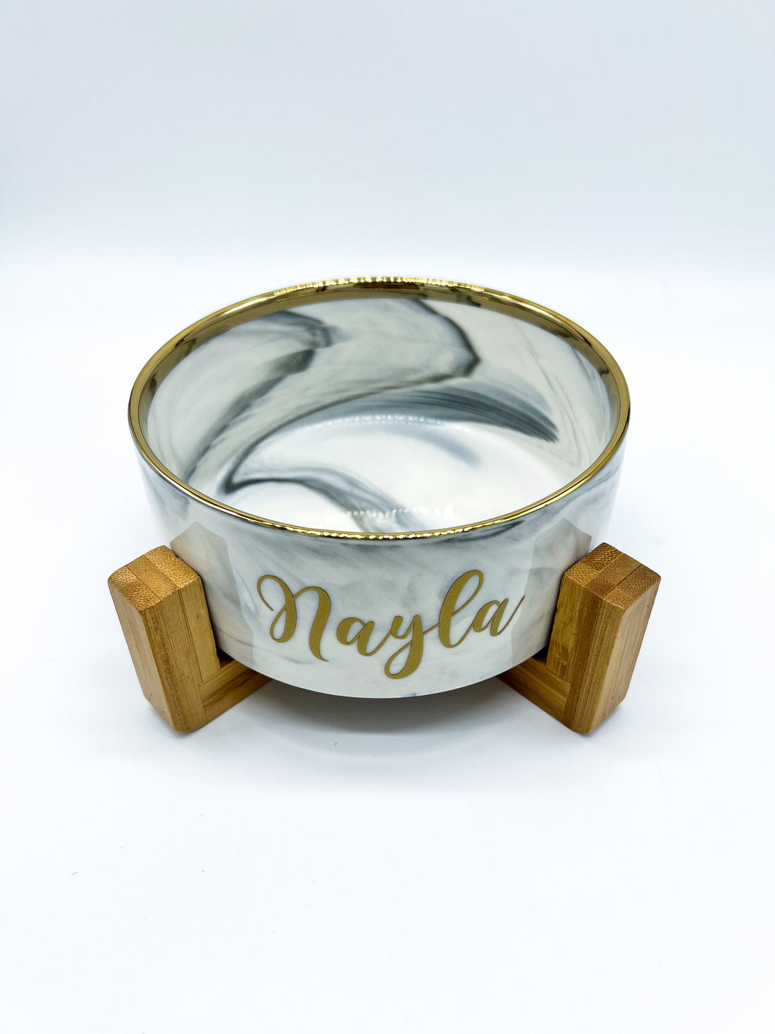Marble dog bowl with gold rim