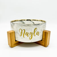 Marble dog bowl with gold rim